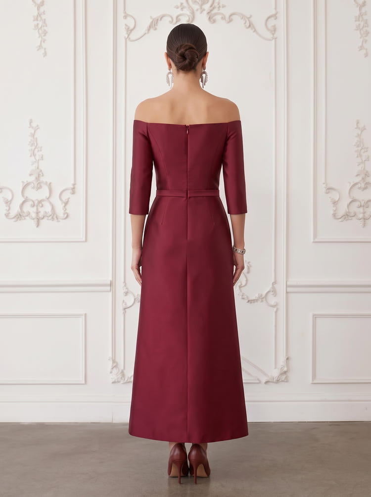 Satin Sheath Off Shoulder Midi Cocktail Dresses with 3D Flowers