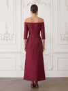Satin Sheath Off Shoulder Midi Cocktail Dresses with 3D Flowers