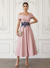 Satin A-Line Off Shoulder Midi Cocktail Dresses with Floral Lace Applique