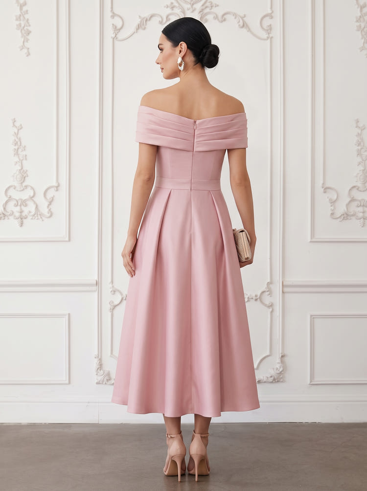 Satin A-Line Off Shoulder Midi Cocktail Dresses with Floral Lace Applique