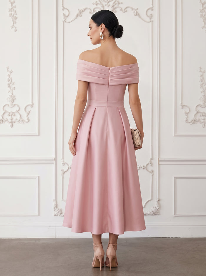 Satin A-Line Off Shoulder Midi Cocktail Dresses with Floral Lace Applique