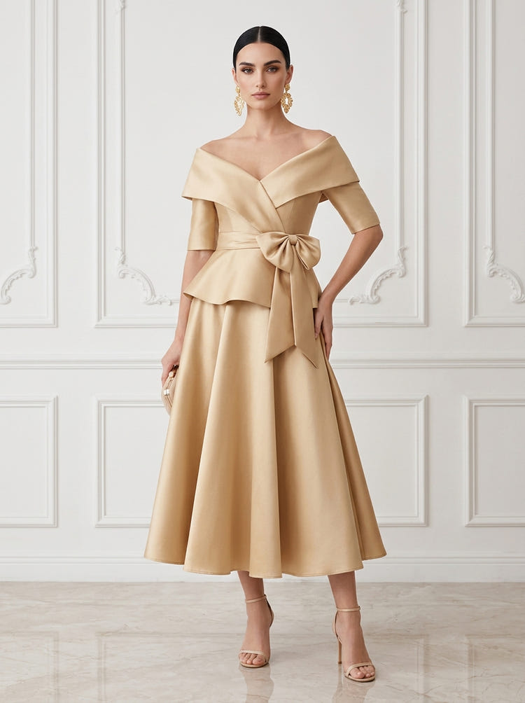 Satin A-Line Off Shoulder Midi Cocktail Dresses with Waist Bow Sash