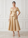 Satin A-Line Off Shoulder Midi Cocktail Dresses with Waist Bow Sash