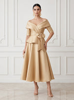 Satin A-Line Off Shoulder Midi Cocktail Dresses with Waist Bow Sash