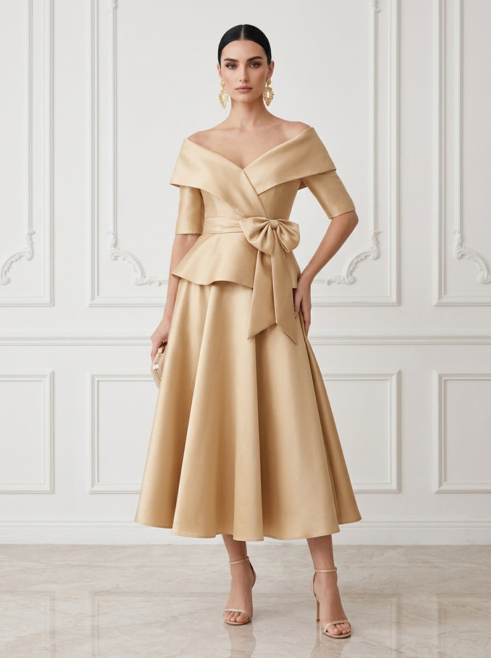 Satin A-Line Off Shoulder Midi Cocktail Dresses with Waist Bow Sash