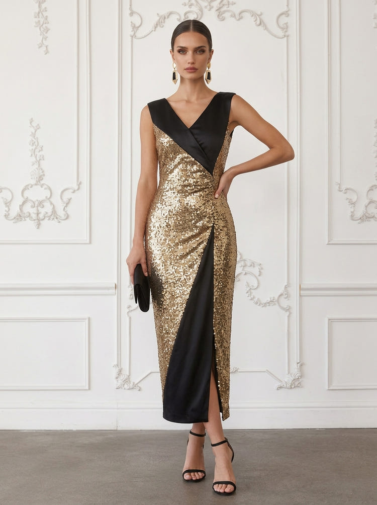 Sequin Sheath V Neck Midi Cocktail Dresses with Front Slit