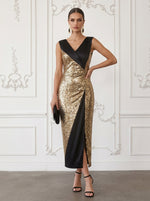 Sequin Sheath V Neck Midi Cocktail Dresses with Front Slit