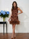 Satin Sheath High Neck Mini Cocktail Dresses with Natural Feather Fringe Hem