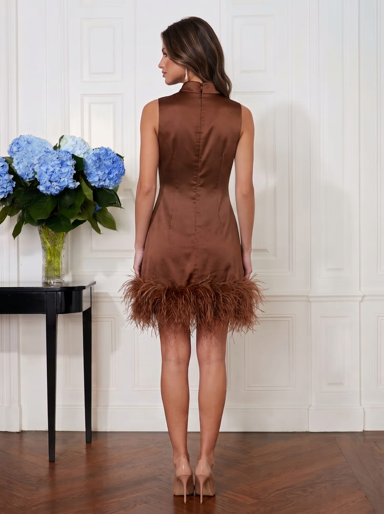 Satin Sheath High Neck Mini Cocktail Dresses with Natural Feather Fringe Hem