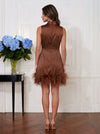 Satin Sheath High Neck Mini Cocktail Dresses with Natural Feather Fringe Hem
