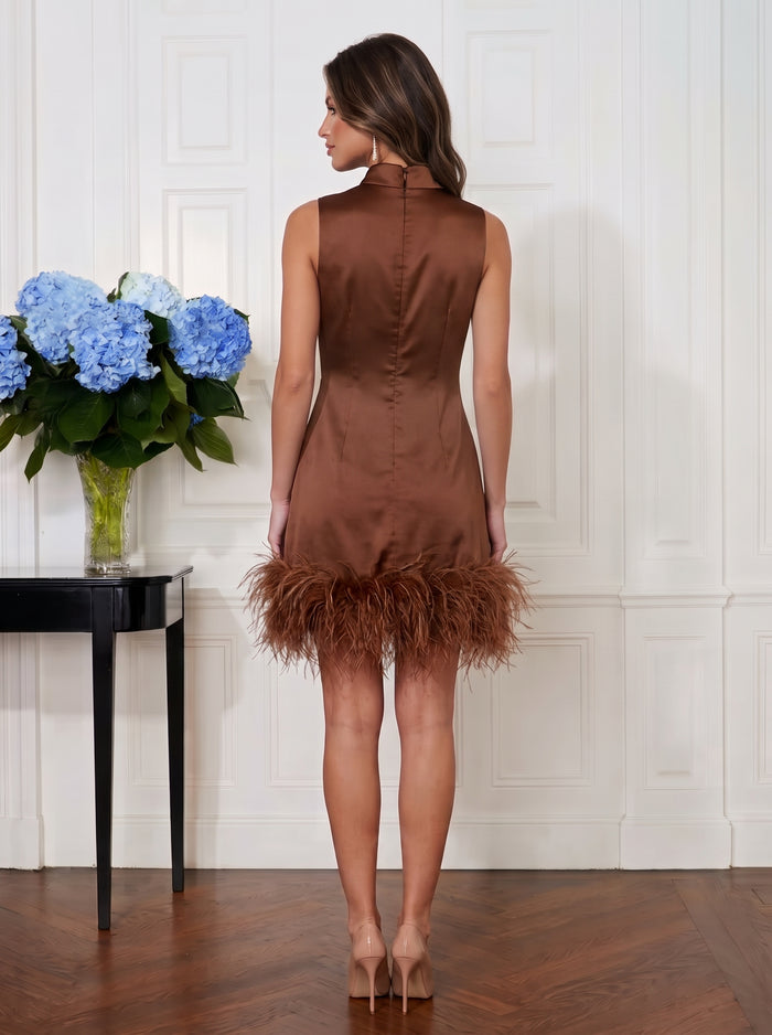 Satin Sheath High Neck Mini Cocktail Dresses with Natural Feather Fringe Hem