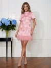 Satin Sheath High Neck Mini Cocktail Dresses with Natural Feather Fringe Hem