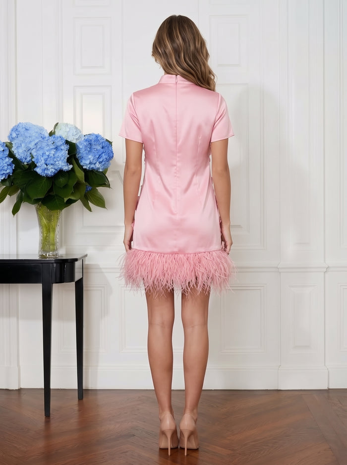 Satin Sheath High Neck Mini Cocktail Dresses with Natural Feather Fringe Hem