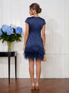 Satin Sheath Crew Neck Mini Cocktail Dresses with Natural Feather Fringe Hem