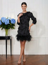 Satin Sheath Crew Neck Mini Cocktail Dresses with Natural Feather Fringe Hem
