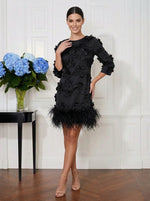 Satin Sheath Crew Neck Mini Cocktail Dresses with Natural Feather Fringe Hem