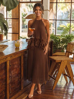 Chiffon A-Line Halter Midi Cocktail Dresses with Delicate Pleated