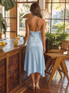 Satin A-Line Halter Midi Cocktail Dresses with Asymmetrical Hem