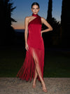 Satin Sheath Halter Midi Cocktail Dresses with Fringe