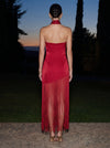 Satin Sheath Halter Midi Cocktail Dresses with Fringe