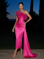 Satin Sheath One Shoulder Midi Cocktail Dresses with Draped Side Sash