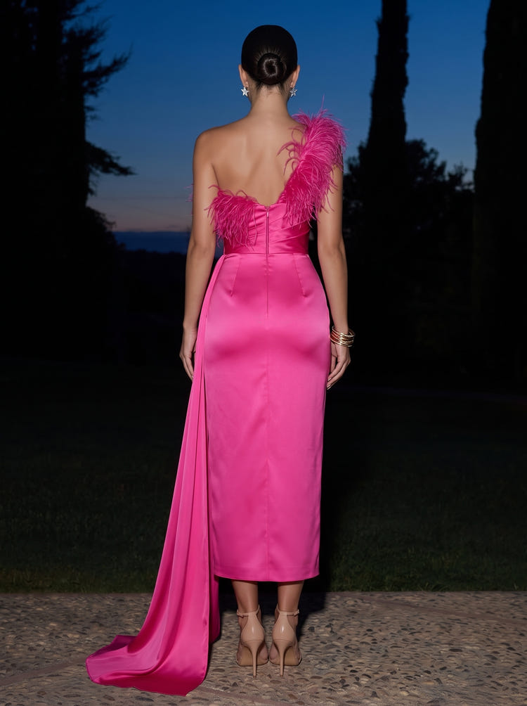 Satin Sheath One Shoulder Midi Cocktail Dresses with Draped Side Sash