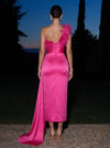 Satin Sheath One Shoulder Midi Cocktail Dresses with Draped Side Sash