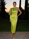 Satin Sheath One Shoulder Midi Cocktail Dresses with Organza Puff Long Sleeve