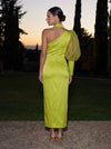 Satin Sheath One Shoulder Midi Cocktail Dresses with Organza Puff Long Sleeve
