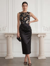 Satin Sheath Crew Neck Midi Cocktail Dresses with Sequin Embroidery