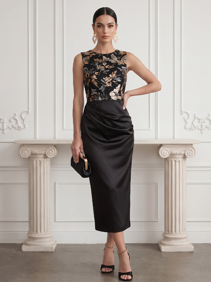 Satin Sheath Crew Neck Midi Cocktail Dresses with Sequin Embroidery