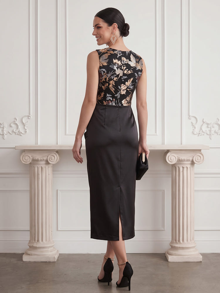Satin Sheath Crew Neck Midi Cocktail Dresses with Sequin Embroidery