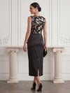 Satin Sheath Crew Neck Midi Cocktail Dresses with Sequin Embroidery