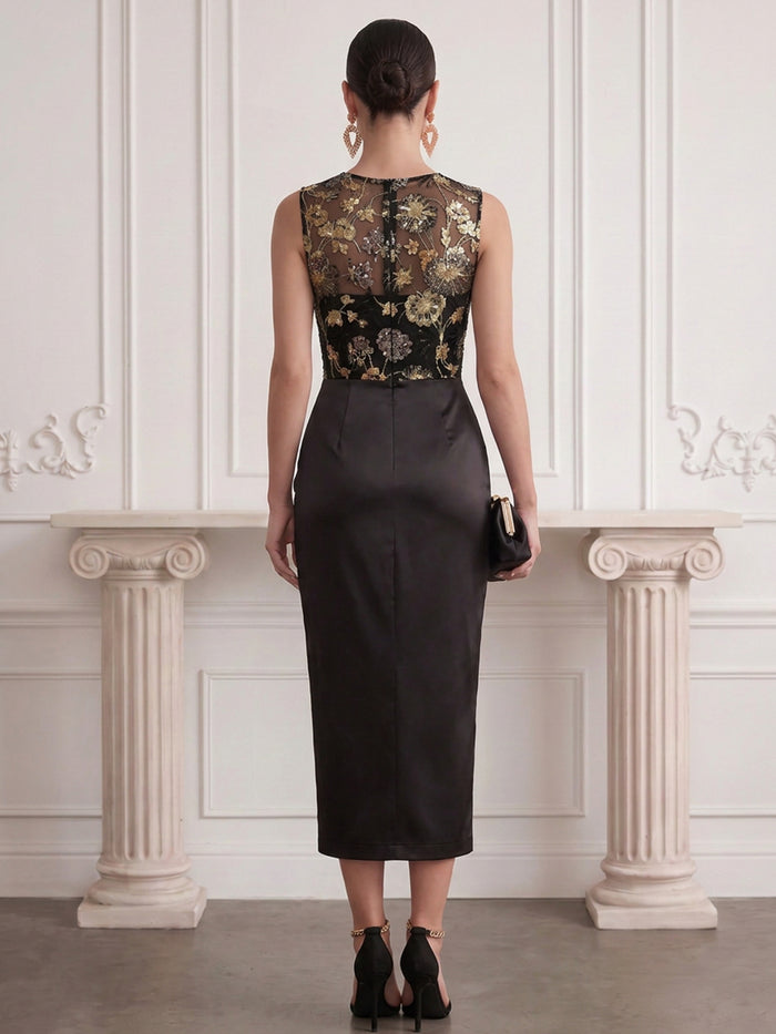 Satin Sheath Crew Neck Midi Cocktail Dresses with Sequin Embroidery