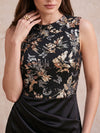 Satin Sheath Crew Neck Midi Cocktail Dresses with Sequin Embroidery