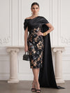Satin Sheath Asymmetric Neck Midi Cocktail Dresses with Sequin Embroidery