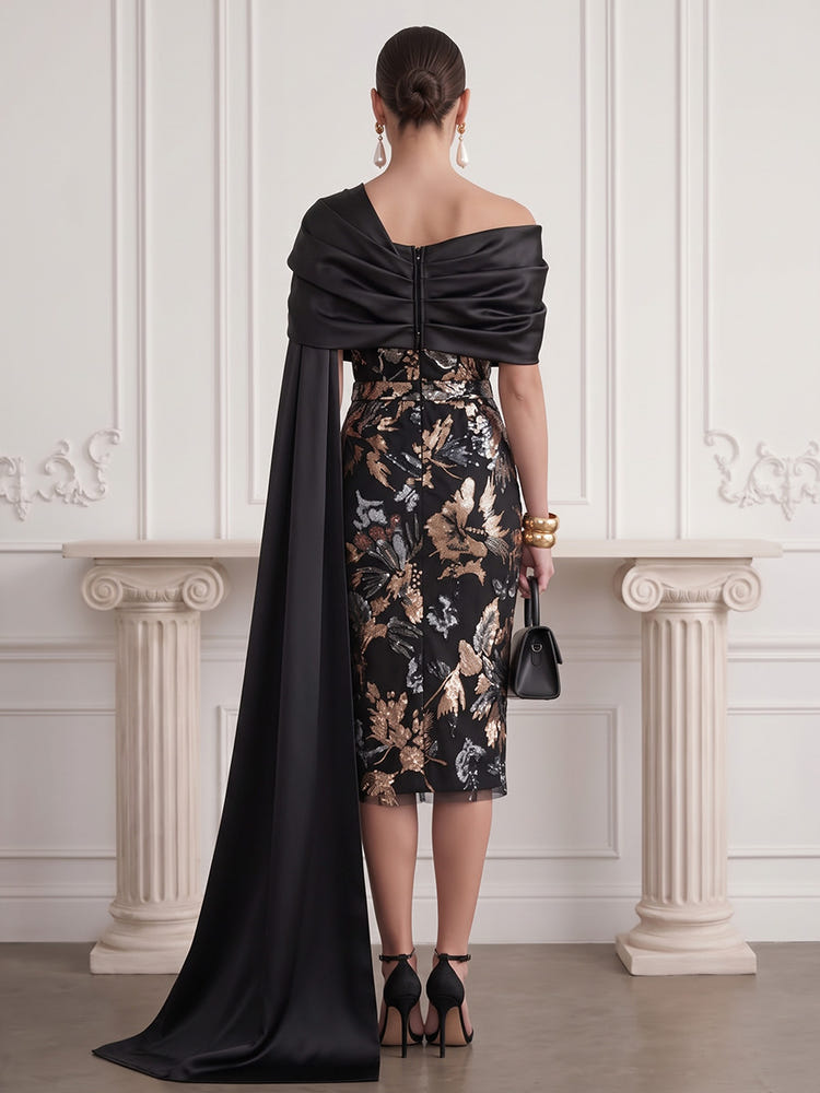 Satin Sheath Asymmetric Neck Midi Cocktail Dresses with Sequin Embroidery
