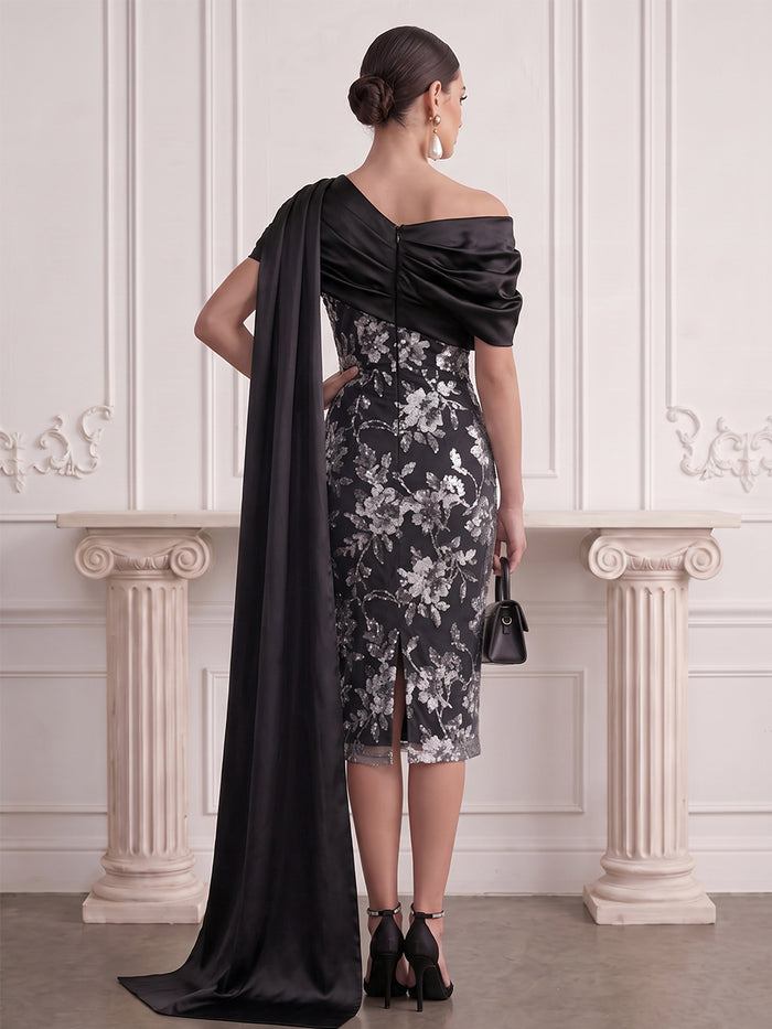 Satin Sheath Asymmetric Neck Midi Cocktail Dresses with Sequin Embroidery