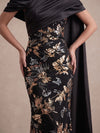 Satin Sheath Asymmetric Neck Midi Cocktail Dresses with Sequin Embroidery