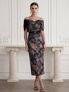 Jacquard Sheath Off Shoulder Midi Cocktail Dresses with 3D Flowers
