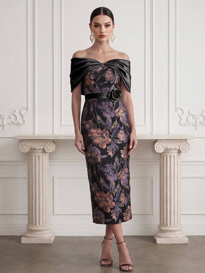 Jacquard Sheath Off Shoulder Midi Cocktail Dresses with 3D Flowers
