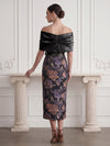 Jacquard Sheath Off Shoulder Midi Cocktail Dresses with 3D Flowers
