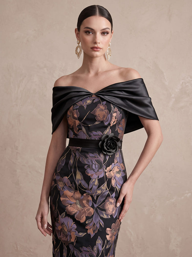 Jacquard Sheath Off Shoulder Midi Cocktail Dresses with 3D Flowers