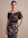 Jacquard Sheath Off Shoulder Midi Cocktail Dresses with 3D Flowers