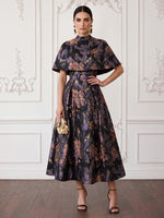 Jacquard A-Line High Neck Midi Cocktail Dresses with Caps
