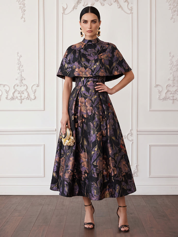 Jacquard A-Line High Neck Midi Cocktail Dresses with Caps