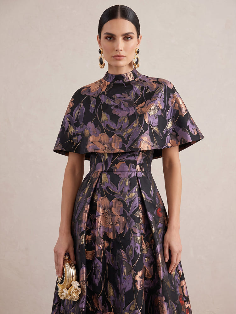 Jacquard A-Line High Neck Midi Cocktail Dresses with Caps