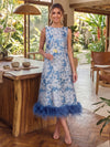 Jacquard A-Line Crew Neck Midi Cocktail Dresses with Natural Feather Fringe Hem