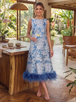Jacquard A-Line Crew Neck Midi Cocktail Dresses with Natural Feather Fringe Hem