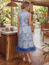 Jacquard A-Line Crew Neck Midi Cocktail Dresses with Natural Feather Fringe Hem